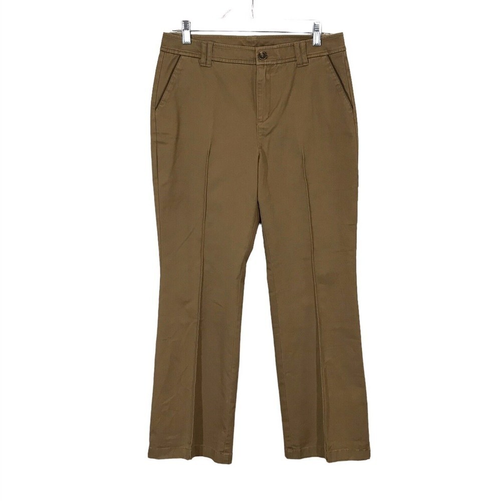 Soft Surroundings Women's Size 10P Brown Straight Let Chino Pants Leather Trim